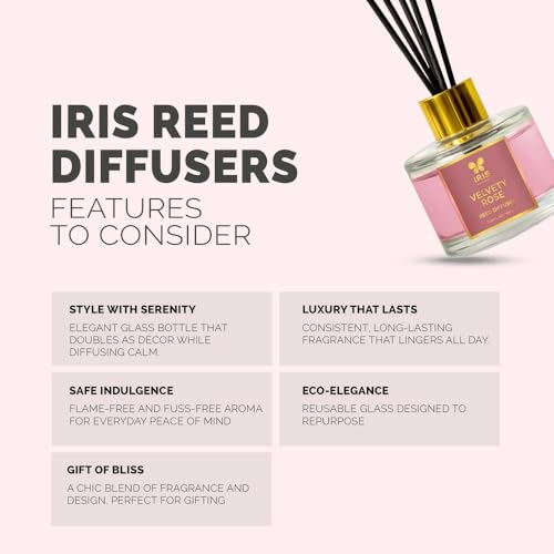 Image of IRIS Aroma Reed Diffuser - 100ml | Elegant Home Fragrance with 6 Fiber Reeds, Glass Round Bottle with Gold Cap | Aroma Diffuser for Cozy Decor & Gifting (Velvety Rose)