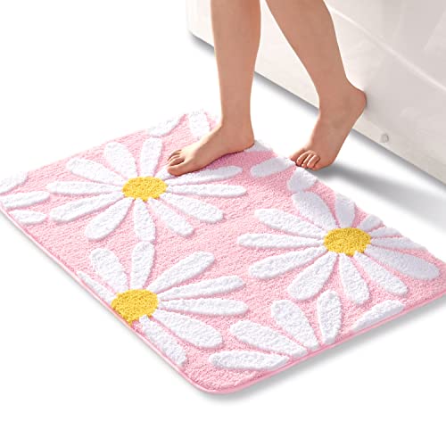 Pink Bathroom Rugs Cute Daisy Bath Mat White And Yellow Flower Decor Rug Non Slip Floor Carpet Microfiber Bathmat Super Absorbent Machine Washable Bahtub Mats For Shower, Tub, Bedroom 24"X 36" #TOP22