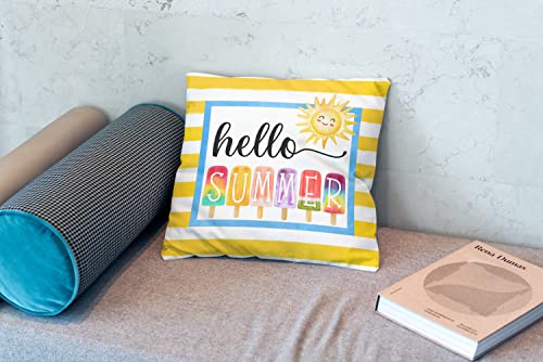 Yellow Stripes Popsicle Hello Summer Throw Pillow Case 18″×18″,Colorful Sunshine Holiday Decorative Cushion Cover For Farmhouse Living Room Yard Patio Terrace,Gifts For Family Friends Women Girls #TOP1