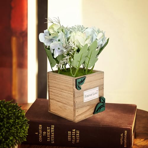 Image of Cortina Wooden Pot Bamboo Potted Plant | Home Decor Items for Living Room Balcony Kitchen Bedroom Office Table Top Decoration - Blue, 20X10
