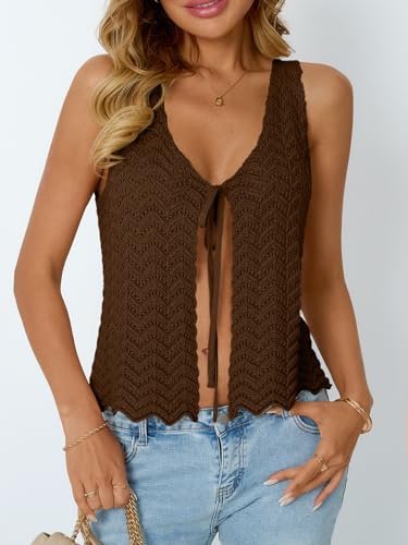 Image of LILLUSORY Crochet Tops for Women Summer Vacation Outfits Beach Coverup Going Out Tie Front Spring Sweater Vest 2026 Fashion