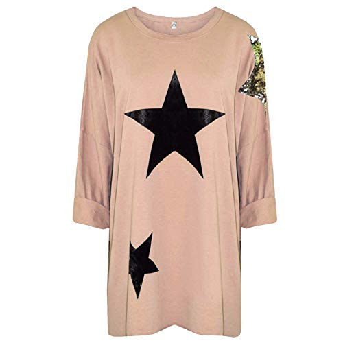 Image of SI032 Ladies Italian Tunic Velvet Star Sequin Shoulder Womens Lagenlook Cotton Top (Nude, One Size Fits UK (16-24))