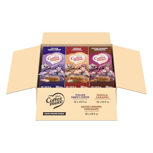 Image of Nestle Coffee mate Creamer Singles Variety Pack 0.37oz, 150Ct-50 per Flavor | Liquid creamer, no refrigeration, creamer tubs, Italian Sweet Creme, Salted Caramel Chocolate and Vanilla Caramel flavors