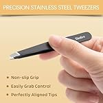 2-Pack Tweezers for Eyebrows, Facial Hair, Ingrown Hair Removal, Slant and Point Tip Tweezer Set for Women and Men, Professional Stainless Steel Precision Eyebrow Plucking Grooming with Case - Black - Image 5