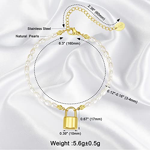 Ddaffodil Gold Pearl Bracelets For Women - 18K Chain Paperclip Charm Dainty Bracelet Adjustable Fashion Valentine Delicate Vintage Jewelry (Padlock Lock) #TOP2