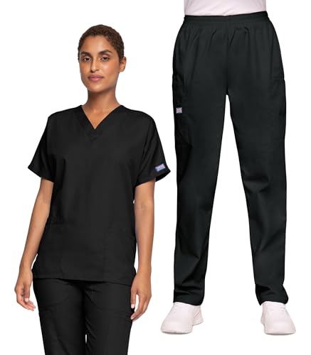 Cherokee Women's Scrub Set V-Neck Dolman Sleeve Top & Pull-On Cargo Pant with Elastic Waist & Fade Resistant Fabric -CK00043C, M, Black