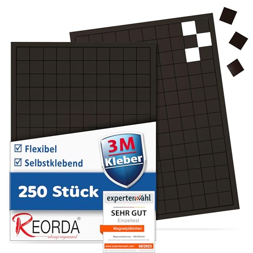 REORDA® Magnetplättchen selbstklebend (250 Stück) - Magnetstreifen - Marken-Kleber ermöglicht stärkste Klebekraft - Flache Magnete I Magnetfolie selbstklebend