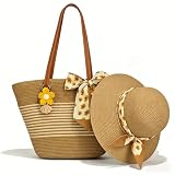 Luvorex Summer Beach Straw Hat Bag Set UPF Wide Brimmed Sun Hat and Women's Beach Woven Bag with Hat Clip (Khaki)