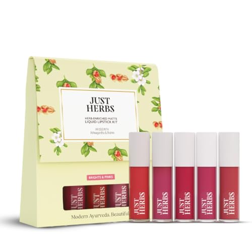 Just Herbs Organic Liquid Lipstick Kit Set of 5 Hydrating & Lightweight Lip Color - Paraben & Silicon Free - 1.6 fl oz. (Brights & Pinks)