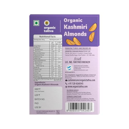 Image of ORGANIC TATTVA Organic Kashmiri Mamra Raw Almonds /Badams 250Gram (Pack Of 3)