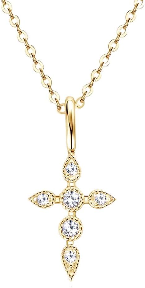 14K Gold Cross Diamond Necklace for Women, VVS2 Round-Cut Clarity Diamond Pendant, Birthday Gifts for Her(Chain Length: 15.75+1.97 inches)