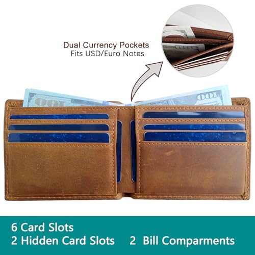 Men's Slim RFID Blocking Wallet - Classic Brown Full Grain Leather Bifold (6 Cards Slots, 2 Cash Compartments) Compact Front Pocket Design with Gift Box (4.3"x3.4"x0.4")3
