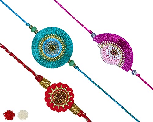 Image of MASQ by Q-One Designer Rakhi Combo Set with Roli Chawal & Moli for Men (Pack of 3) | Embroidered Handcrafted Raksha Bandhan Bracelet for Brother