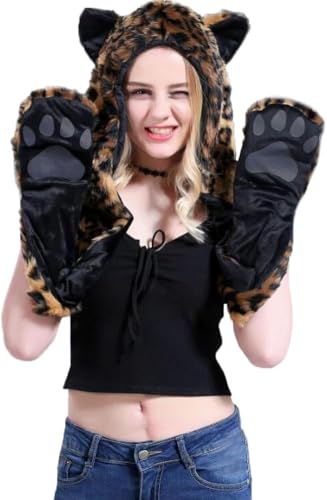 Viking Costume Wolf Animal Hood Hoods Faux Fur Winter Hats Furry Hoodie Scarf Paws Ears Pocket Mittens Gloves for Women Men2