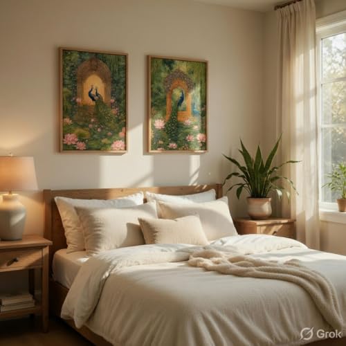 Image of Livin'luxe Royal Peacock Garden Wall Painting Set of 2 with Wooden Frames | Mughal Palace Peacock Artwork HD Sparkle Laminated MDF Wall Decor | Traditional Indian Wall Art for Living Room Bedroom