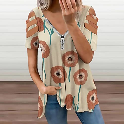 KccOsg Túnica feminina para usar com leggings, túnicas florais com ombro vazado, ajuste solto, zíper
