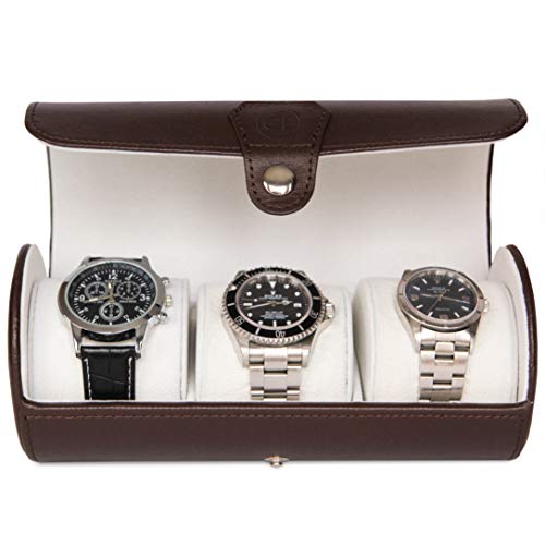 Image of CASE ELEGANCE Travel Watch Case Roll Organizer for Men - 3 Watch Box & Vegan Faux Leather Watch Display Case - Mens Watch Holder, Storage & Travel Organizer - Brown
