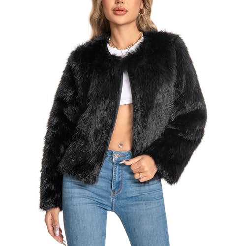 Fur Coat for Women,Faux Furry Long Sleeve Cropped Fluffy Jacket Open Front Coat Shaggy Warm Fall Winter Outerwear.