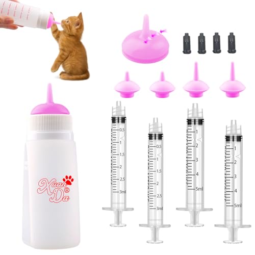 Xuanda Kitten Bottle Feeding kit with Feeding Nipple and Syringe, Soft Silicone Nursing Pet Feeding Bottle, Ventilation Valve Resistant Tearing for Small Puppies, Kittens, Rabbit (M Nipple-Pink)