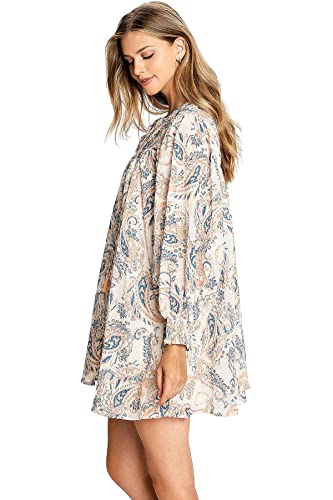 Flying Tomato Women's Juniors Babydoll Bohemian Prints Dress (M, Ivory) #TOP2