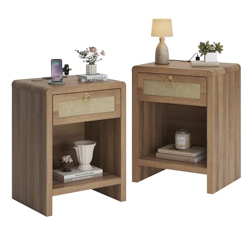 UNIQUITE Rattan Nightstand Set of 2, Nightstand with Charging Station,