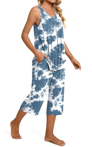 Image of TAOHUADAO Womens Summer 2 Piece Pajama Sets, Sleeveless Tops with Capri Pants, Lounge Ladies Pjs Sets with Pockets