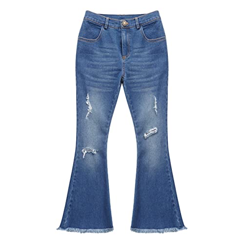 Kids Girls Vintage Flared Jeans Zip Closure Elastic Waist Denim Pants Casual Ripped Jeans Distressed Bell Bottoms2
