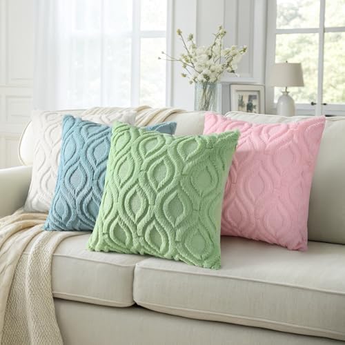 decorUhome Throw Pillow Covers 20x20 Inch Set of 2, Soft Plush Decorative Faux Fur Sage Green Solid Couch Pillow Covers, Accent Farmhouse Neutral Square Euro Pillow Cases for Sofa Bed Living Room