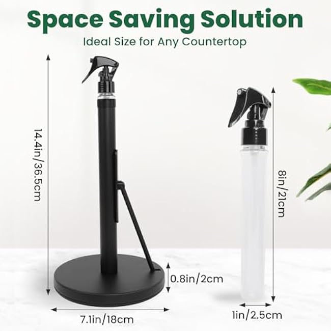 Paper Towel Holder with Spray Bottle,Heavy-Duty Countertop Kitchen Paper Towel Holder,Stainless Steel One-Handed Tear Kitchen Towel Dispenser for Countertop,Black