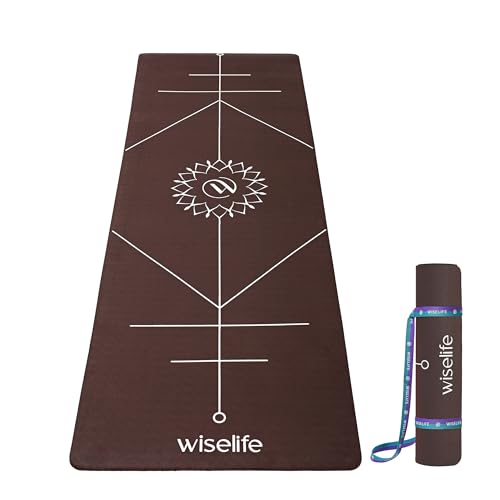 Image of Wiselife True Body Alignment Yoga Mat + Sleek Yoga Strap For Men And Women | Non-Slip Textured Extra Wide & Thick | Pro Balance Eco-TPE Exercise Mat For Home, Pilates, Gym & Fitness (6MM,BROWN)