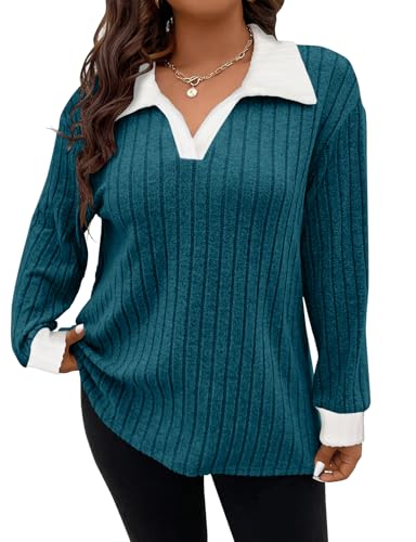 Image of Koscacy Women Plus Size Casual Knit Sweater Lapel V Neck Solid Color Tops Lightweight Long Sleeve Blouses