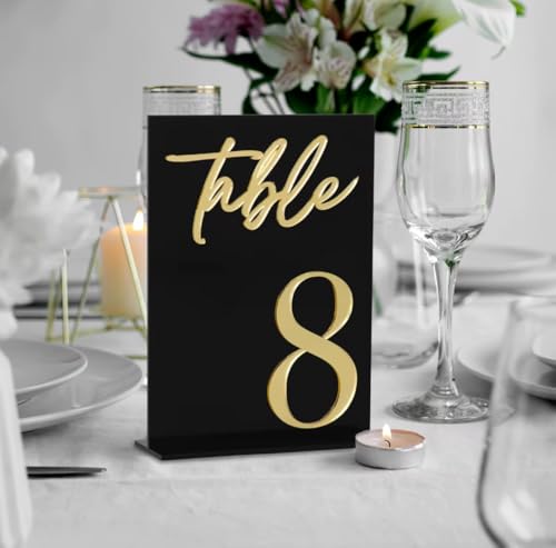 Wedding Table Numbers 1-15, Acrylic with Gold Script, White and B...