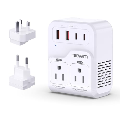 2000W Voltage Converter US to Europe for Hair Dryers, 7-in-1 220V to 110V Converter for European Travel with 3 AC/2 USBA/2 USBC Ports (PD20W) (White)