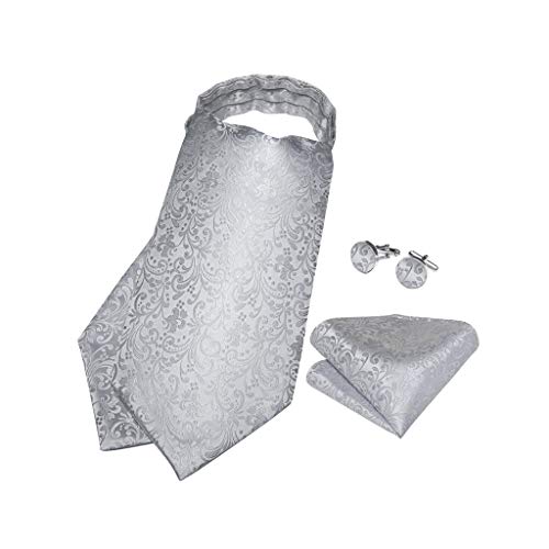Set de corbata ascot de seda plateada para hombre