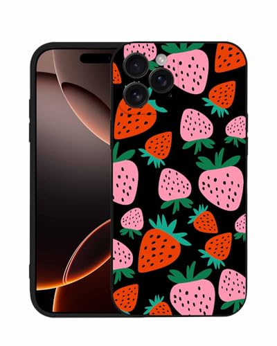 Fruit Strawberry Case for iPhone 16 Cute Strawberry Black Phone Case Slim Silicone Cover Anti-Scratch Shockproof Protective Rubber Case