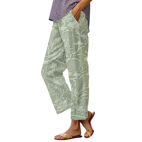 akwuiopt Pantalones con estampado floral, pantalones rectos recortados de encaje bordado, pantalones casuales cómodos, pantalones palazzo, pantalones elásticos de cintura alta, pantalones de verano de