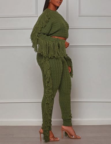 Image of KANSOON 2 Piece Sweater Set for Women Cable Knit Fringe Crop Top and Pants | Cozy feel, ribbed high waist, comfortable stretch fit for birthday and chilly going-out outfits