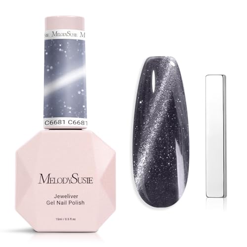 Image of MelodySusie Jeweliver Cat Eye Gel Nail Polish, 0.5 Fl Oz Dark Gray Glitter Holographic Magnetic Nail Polish with Magnet, UV Nail Polish for Nail Art Manicure Salon DIY at Home C6681