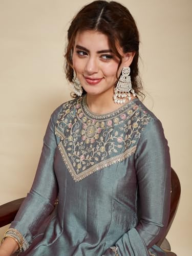Image of MOKOSH Women's Embroidered Silk Anarkali Kurta Pant with Dupatta | Anarkali Kurta Set | Embroidered |Occasion & Festive Traditional | 3 Piece Outfit