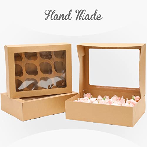 Image of Bakepacker Auto-pop Up Cupcake Boxes with Window Brown 40PCS 12 Count Cupcake Box 13 inchx10 inchx3.5 inch Cupcakes Carrier, 12 Cupcake Containers with 2 rolls of pink ribbons