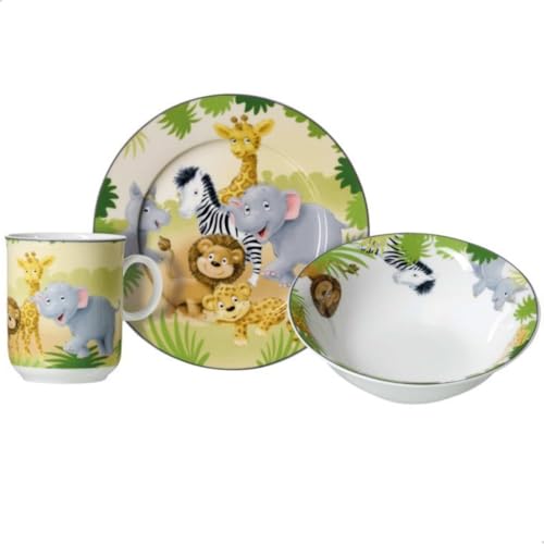 Sterngaf Kinderset Dschungel-Tiere 7tlg. MIT Gravur (z.B. Namen) personalisiertes Kinderbesteck + Kindergeschirr Tiere (Teller, Becher, Schale)