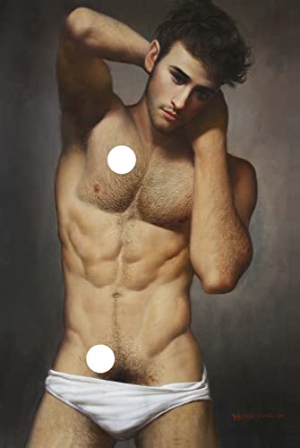 Male Nude Art Prints From Original Oil Painting Canvas Transfer Portrait Handsome Young Men Gift For Wife, Antique Painting Gay Art Standing Men Giclee Limited Edition Print Signed (42"X62"-Frameless) #TOP1