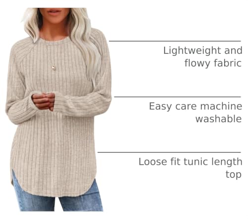 Image of Saloogoe Long Sleeve Shirts for Women 2025 Fall Clothes Tunic Tops Loose Fit Dressy Crewneck Pullover Sweaters Curved Hem