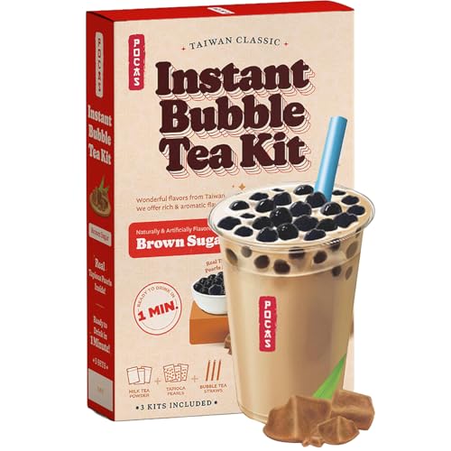 Pocas Bubble Tea Kit, Brown Sugar – Milk Tea Powder with Tapioca Pearls, Boba Straws, 3 Kits