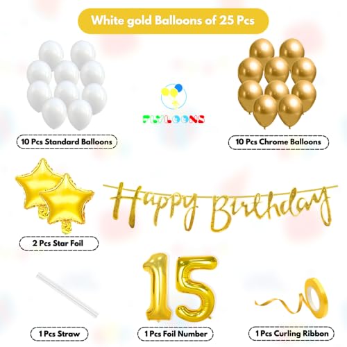 Image of Flyloons 15th Happy Birthday Decoration Kit Gold White for Boys Girls Kids Twins Men Women With 20 Pcs Chrome Balloons Birthday Banner 2 Pcs Star Items Set Golden
