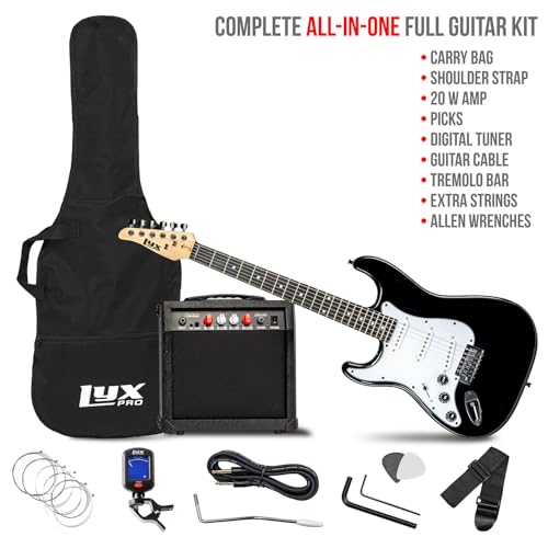 Image of LyxPro Left Hand 39 Inch Electric Guitar and Starter Kit for Lefty Full Size Beginner's Guitar, Amp, Six Strings, Two Picks, Shoulder Strap, Digital Clip On Tuner, Cable and Soft Case - Black