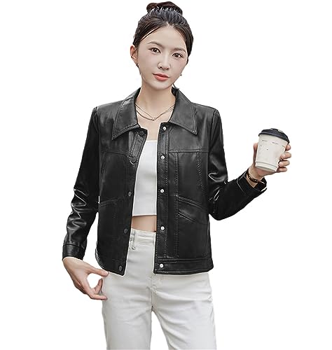 Veste courte simili cuir femme avec boutons et col rabattu classique M