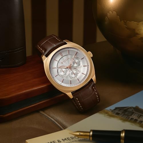 Image of Titan Regalia Arc Analog with Day Date Second Subdial and Silver Dial Brown Leather Strap Watch for Men - 90213WL01