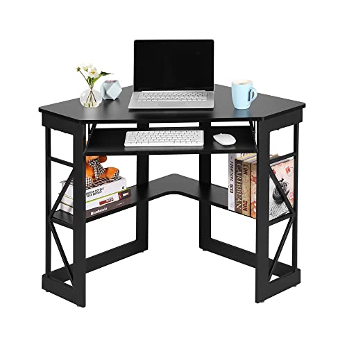 べセロ(VECELO) パソコンデスク ブラック コーナー用 コンパクトデスク キーボードトレイ&収納棚付き 【日本正規輸入品】