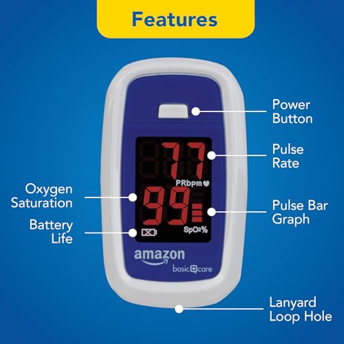 Image of Amazon Basic Care Pulse Oximeter, Blood Oxygen Saturation Monitor, Portable Oxygen Monitor, Pulse Rate, Easy to Use (Previously Healthwise)